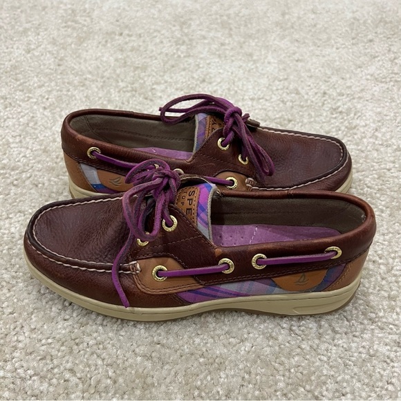 Sperry Women’s Bluefish 5M Purple Plaid 2-Eye Boat Shoe Top Sider Brown Leather, - Picture 14 of 16